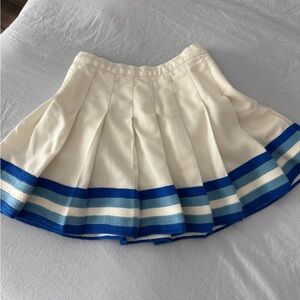 Women's Allion Knitting Mills Cream Vintage Pleated Skirt with Blue Stripe Trim